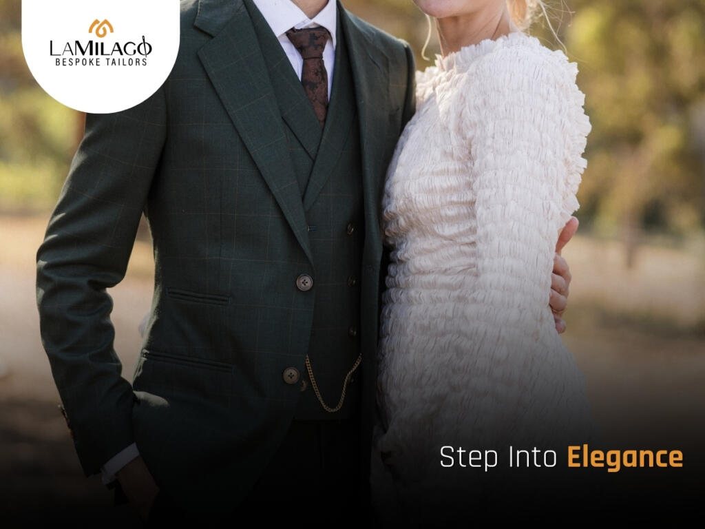 Groom wearing a bespoke wedding suit in Adelaide, custom-tailored by Lamilago for a perfect fit on his big day.